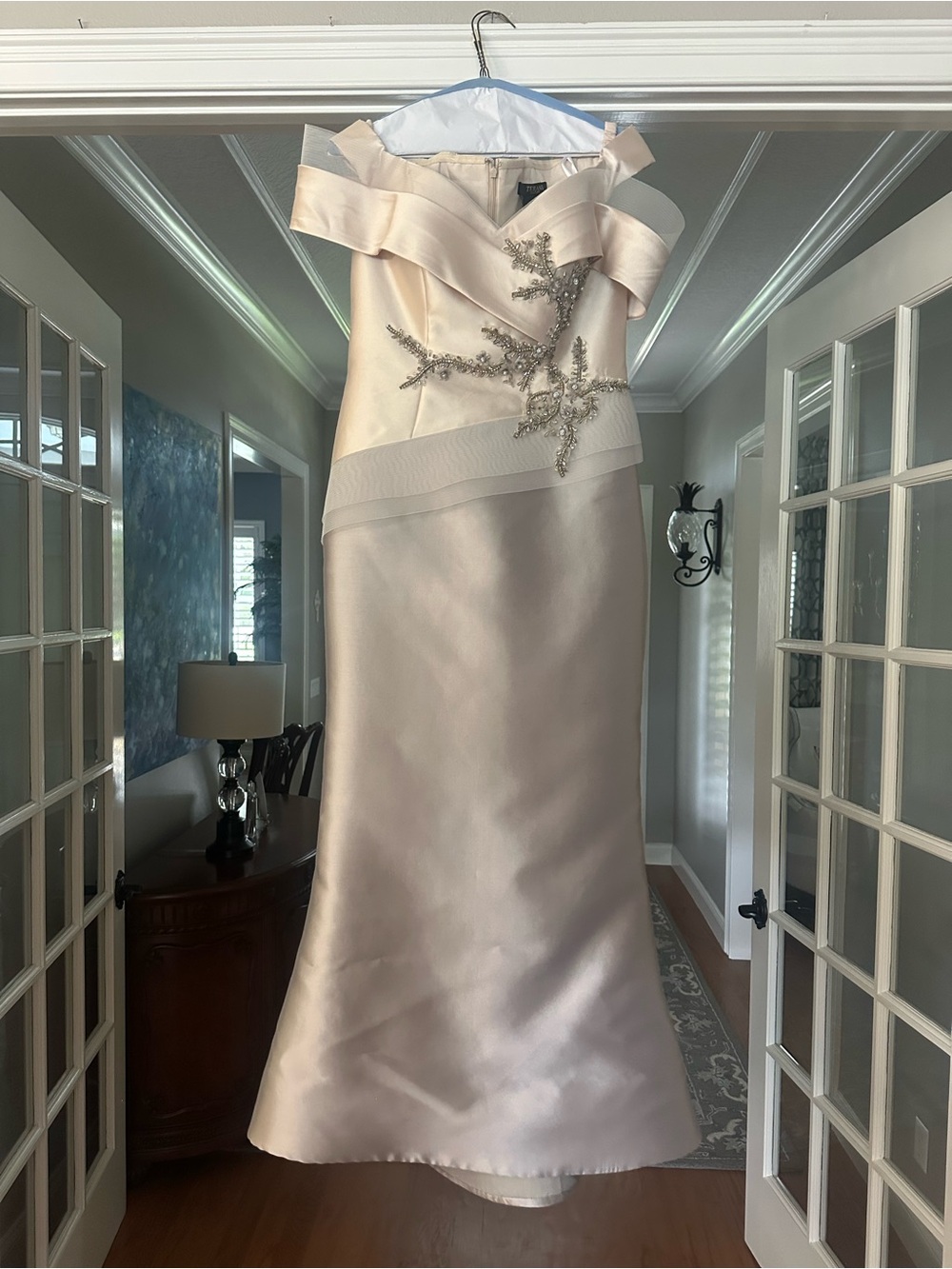 Terani Couture Beaded Off The Shoulder Mermaid Gown ~ Taupe Taupe